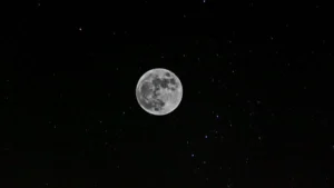 Lua cheia iluminada no centro de um céu noturno escuro e repleto de estrelas.