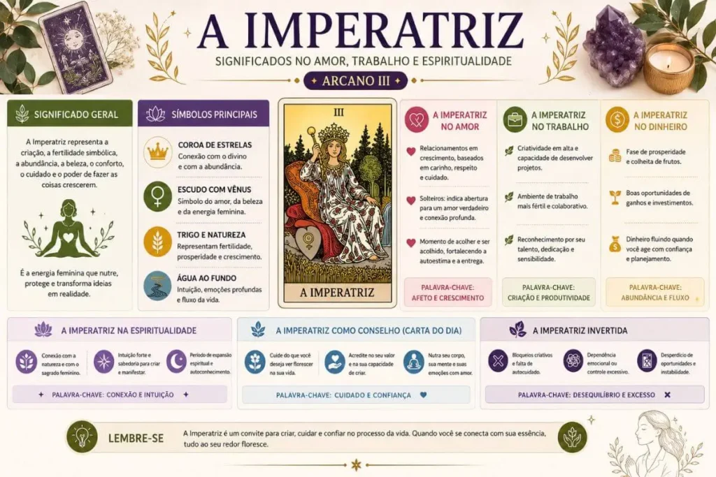 Infográfico sobre A Imperatriz no Tarô com significados no amor, trabalho, dinheiro, espiritualidade e posição invertida