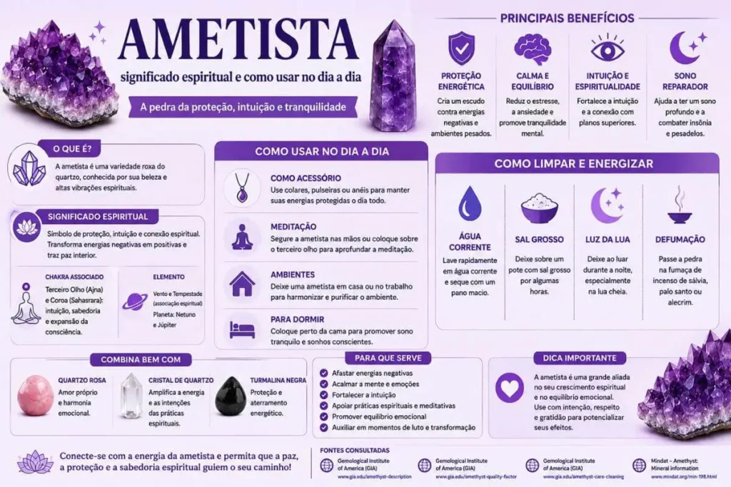 Infográfico com seis maneiras conscientes de usar ametista no dia a dia