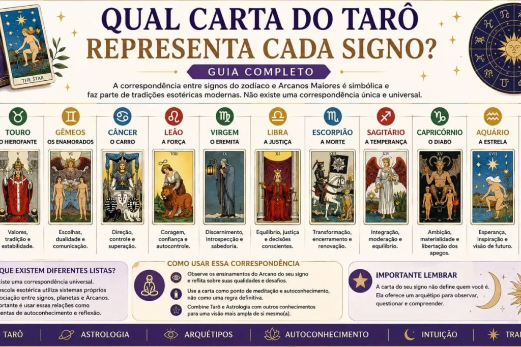 Infográfico com os 12 signos do zodíaco e as cartas de Tarô correspondentes a cada signo