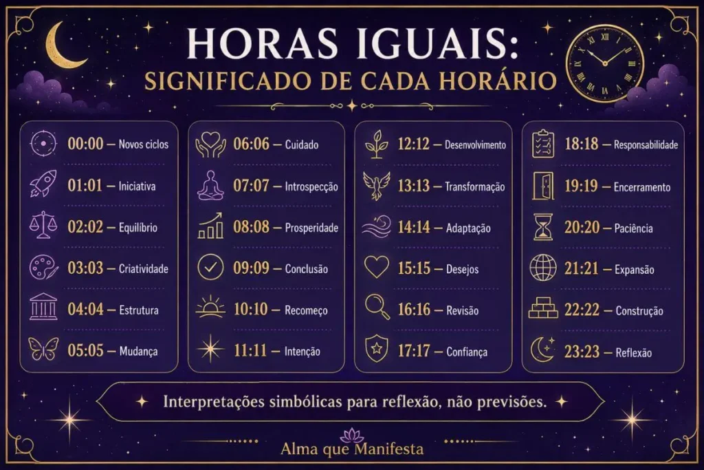 Infográfico com o significado das horas iguais de 00:00 a 23:23
