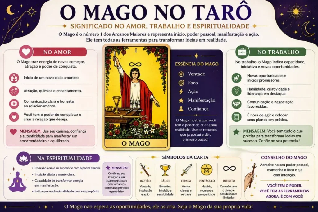 Infográfico com seis mensagens principais da carta O Mago no Tarô