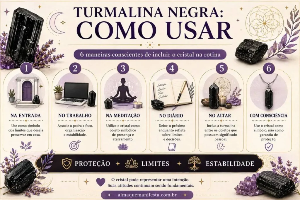 Infográfico com seis maneiras conscientes de usar turmalina negra